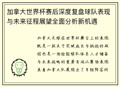 加拿大世界杯赛后深度复盘球队表现与未来征程展望全面分析新机遇